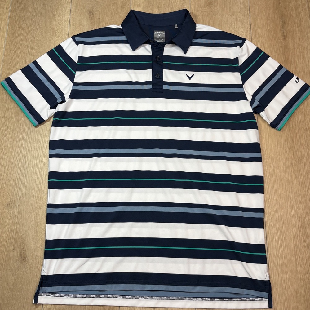Callaway Mens Opti-Dri Striped Performance Golf Polo Shirt Navy White Teal Large